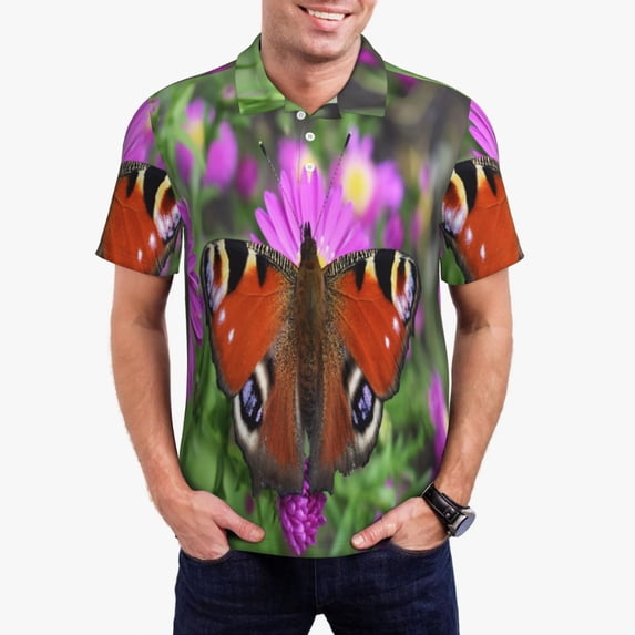 Sikiie Peacock butterfly Print Men's Short-sleeved POLO Shirts, Button-down Shirts and T-shirts are Suitable for Vacation, Leisure and Business-Small