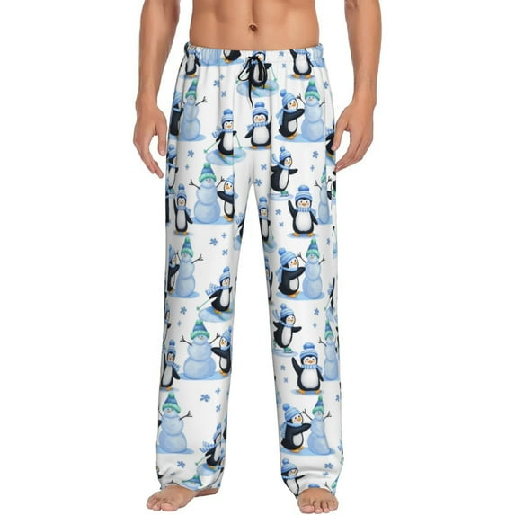Sikiie Playful Penguins and Snowmen Pajama Pants Men, PJ Bottoms, Sleep & Lounge Pants-X-Large