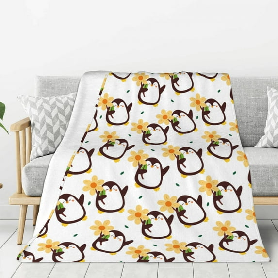 Sikiie Penguin With Flowers Cozy Flannel Fleece Throw Blanket: Lightweight & Thick for All Seasons - Perfect for Women, Men, & Kids"60"x50"