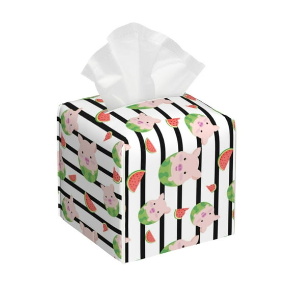 Sikiie Pig And Watermelon Leather Tissue Box Cover Square, tissue box holder, Tissue Box with Bottom Belt-5.2”x5.2”x5.2”