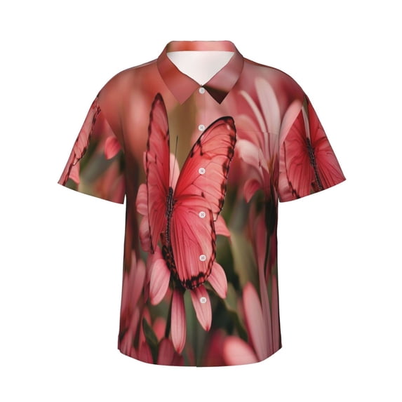 Sikiie Pink Butterfly Print Men's Hawaiian Shirt, Summer Beach Button Pocket Short Sleeve T-Shirt,3X-Large