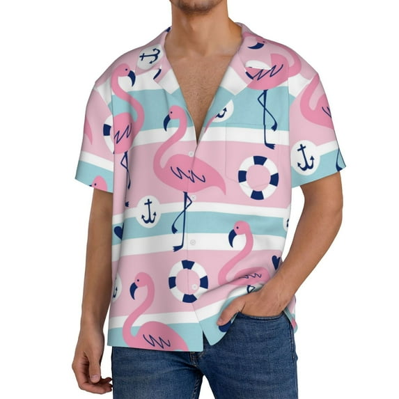 Sikiie Pink Striped Flamingo Men's Wrinkle Free Untucked Cuban Shirt Business Casual Button Down Shirts Short Sleeve ShirtLarge