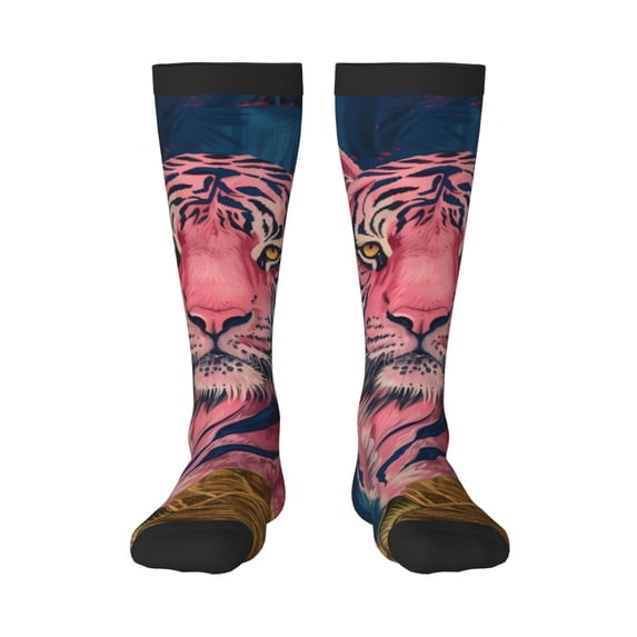 Sikiie Pink Tiger Gold Leaves Knee Socks, High Socks Long Stretchy Sock Women Knee High Stocking, Long Socks for Women