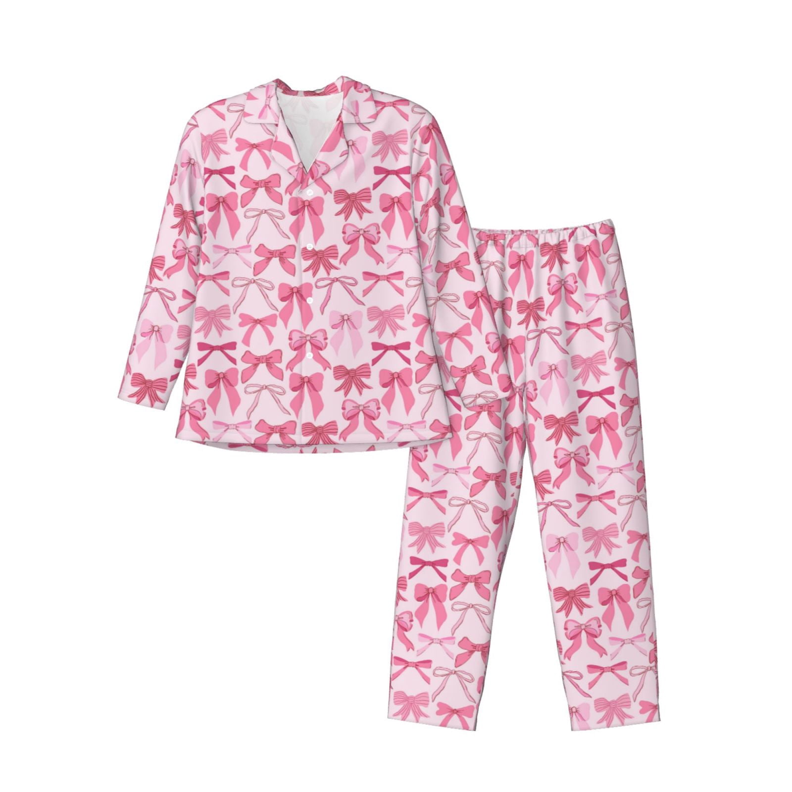Sikiie Pink bows Print Mens Pajama Set, Soft Warm Long Sleeve Sleepwear ...