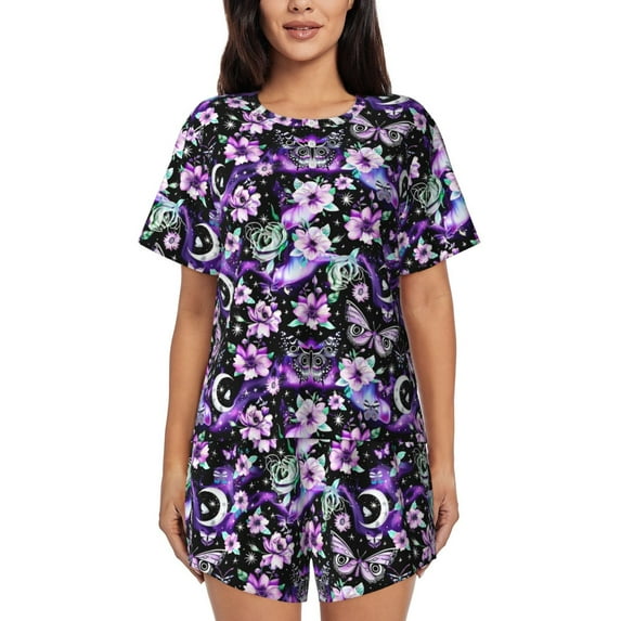 Sikiie Pink purple rainbow flower butterfly Womens Pajama Sets Short Sleeve Top With Pants Sleepwear 2 Piece Lounge Set-X-Large