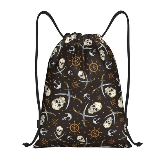 Sikiie Pirate Skulls Drawstring Backpack Drawstring Bags, Draw String Back Bag for Sports, Gym, Travel, Swimming, Beach-Medium