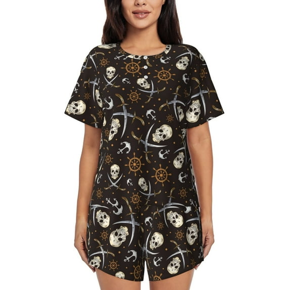 Sikiie Pirate Skulls Womens Pajama Sets Short Sleeve Top With Pants Sleepwear 2 Piece Lounge SetXX-Large