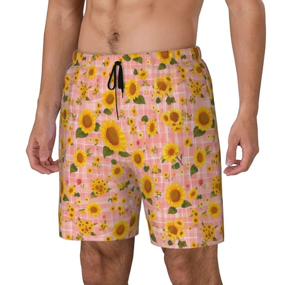 Sikiie Plaid Sunflower Print Men's Double Layer Swimming Trunks, Adjustable Waistband and Pockets Sports Swimming Trunks, Beach Swimwear-3X-Large