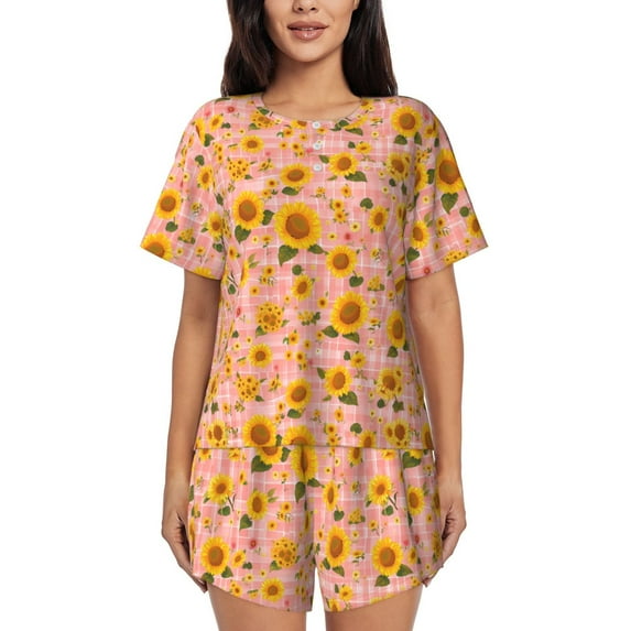 Sikiie Plaid Sunflower Womens Pajama Sets Short Sleeve Top With Pants Sleepwear 2 Piece Lounge Set4X-Large