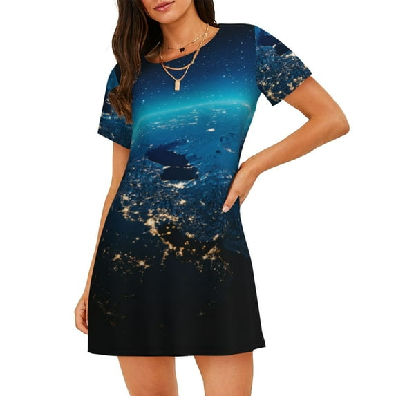 Sikiie Planet Earth Print Women's Short-sleeved Nightdress, Round Neck Pullover Nightdress Pajamas Summer Home Wear