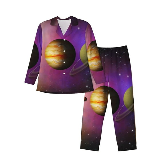 Sikiie Planets And Stars Mens Pajama Set, Soft Warm Long Sleeve Sleepwear, Cozy Button-Down Pjs for Men-X-Large