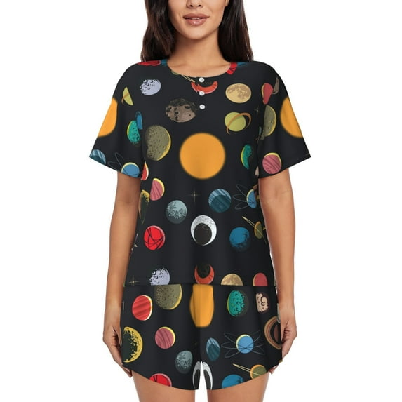 Sikiie Planets And Their Moons Womens Pajama Sets Short Sleeve Top With Pants Sleepwear 2 Piece Lounge Set-XX-Large