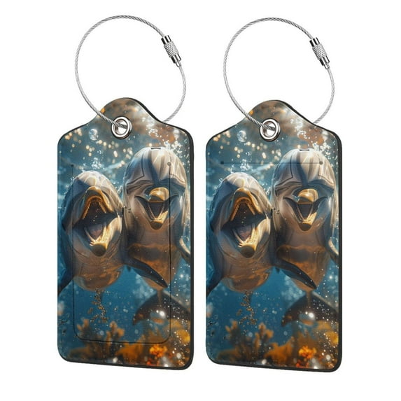 Sikiie Playful Dolphins Underwater Luggage Tag for Suitcase Leather Baggage Tag with Stainless Steel Loop Privacy Cover for Women Men Girls-2 PCS