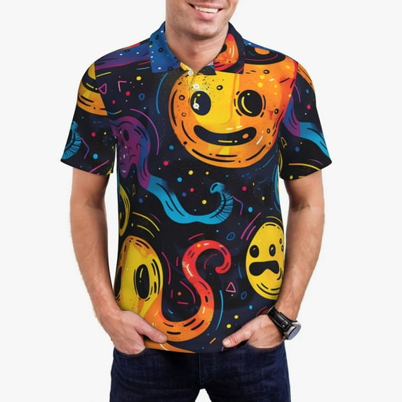 Sikiie Playful Ghosts Night Sky Print Men's Short-sleeved POLO Shirts, Button-down Shirts and T-shirts are Suitable for Vacation, Leisure and Business-Small