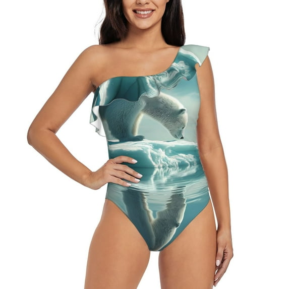 Sikiie Polar Bear On Iceberg Print Women One Piece Swimsuits Tummy Control One Shoulder Bathing Suits Ruffle Swimwear, From S to XXL-Medium
