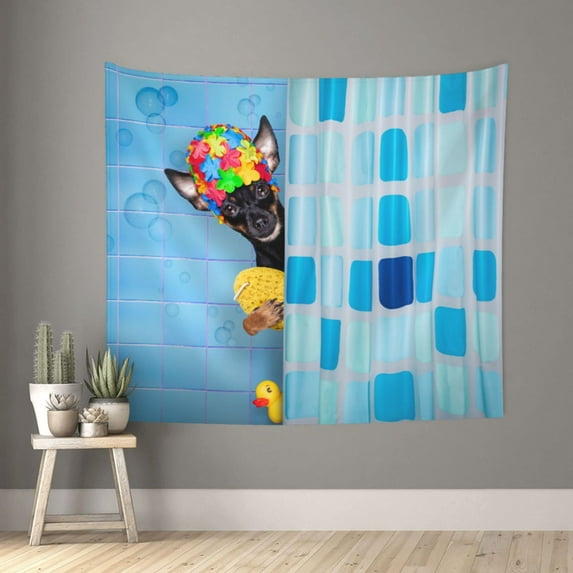 Sikiie Prague Ratter Dog in Bathtub tapestry wall hanging home decor for bedrooms, living rooms, dorms 60x51in
