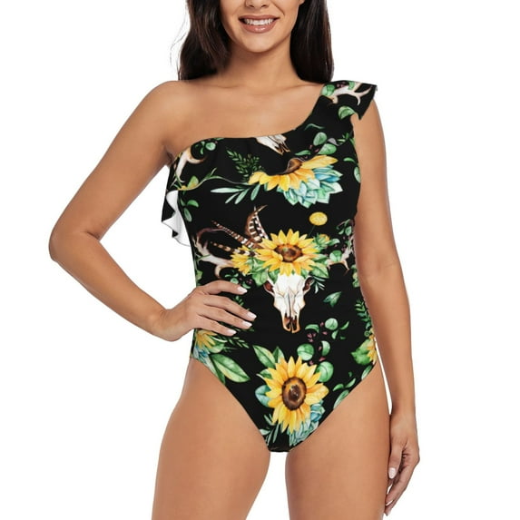 Sikiie Print Women One Piece Swimsuits Tummy Control One Shoulder Bathing Suits Ruffle Swimwear, From S to XXL-X-Large