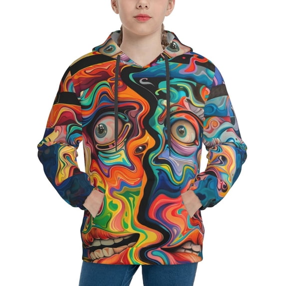 Sikiie Psychedelic Faces Colorful Youth Hoodie Sweatshirt Pullover Hooded Classic Casual Essentials Hoodiefor Boys Girls Kids -Large