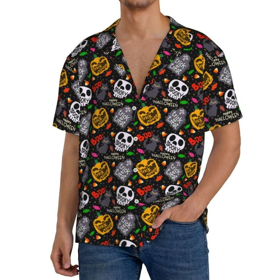Sikiie Pumpkin And Flying Bat Men's Cuban Shirt, Hawaiian Shirts, Business Casual Button Down Shirts, Short Sleeve Shirt-X-Large