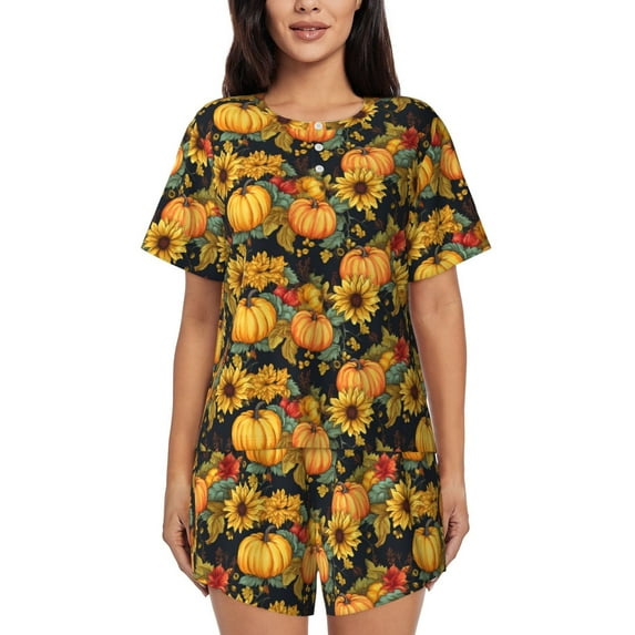 Sikiie Pumpkins And Sunflowers3 Womens Pajama Sets Short Sleeve Top With Pants Sleepwear 2 Piece Lounge Set-3X-Large