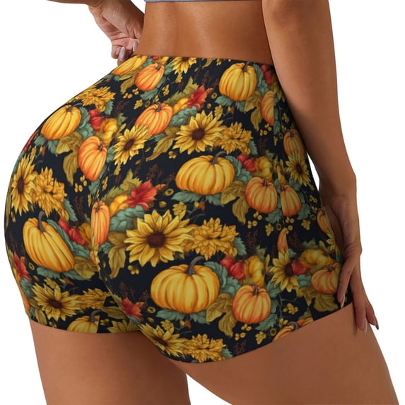 Sikiie Pumpkins And Sunflowers3 Workout Shorts Women Scrunch Butt Gym Shorts Seamless High Waist Tummy Control Yoga Biker Athletic Shorts-X-Large
