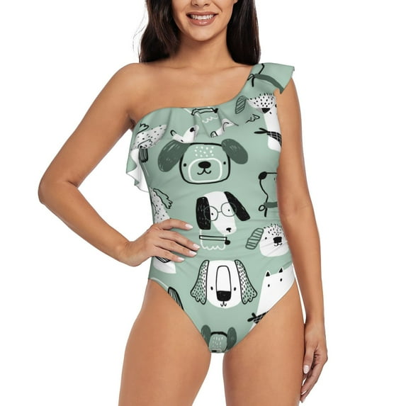 Sikiie Puppy Print Women One Piece Swimsuits Tummy Control One Shoulder Bathing Suits Ruffle Swimwear, From S to XXL-Large