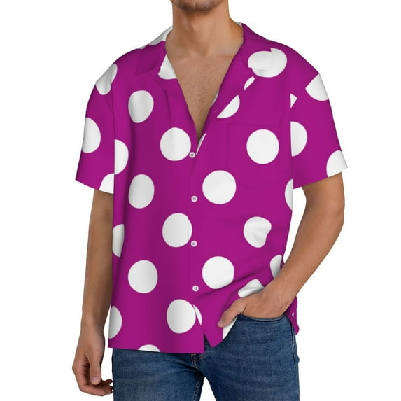 Sikiie Purlpe And White Polka Dot Men's Cuban Shirt, Hawaiian Shirts, Business Casual Button Down Shirts, Short Sleeve Shirt-4X-Large