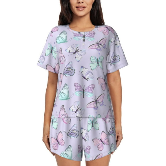 Sikiie Purple Butterfly Womens Pajama Sets Short Sleeve Top With Pants Sleepwear 2 Piece Lounge SetSmall