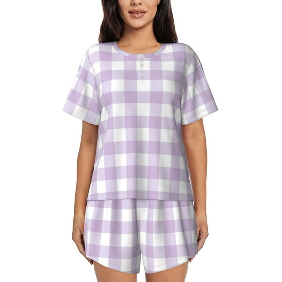 Sikiie Purple Checkboard Womens Pajama Sets Short Sleeve Top With Pants Sleepwear 2 Piece Lounge SetXX-Large