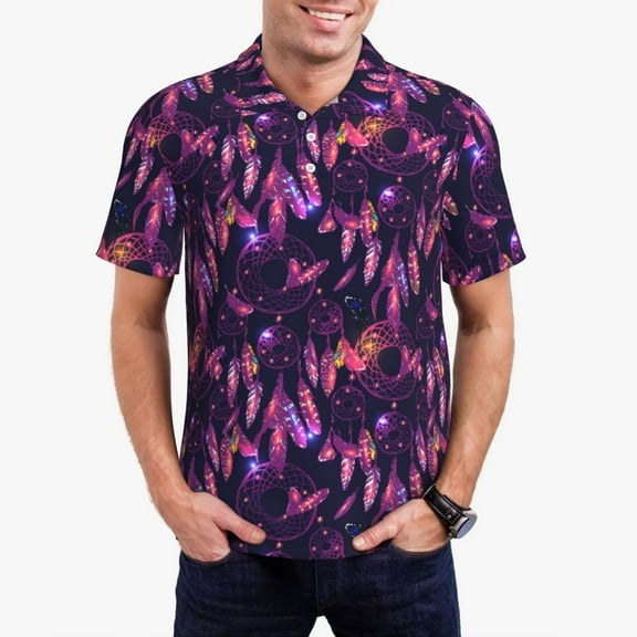Sikiie Purple Dreamcatcher Print Men's Short-sleeved POLO Shirts, Button-down Shirts and T-shirts are Suitable for Vacation, Leisure and Business-Small