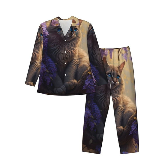 Sikiie Purple Flower Lazy Cat Mens Pajama Set, Soft Warm Long Sleeve Sleepwear, Cozy Button-Down Pjs for Men-