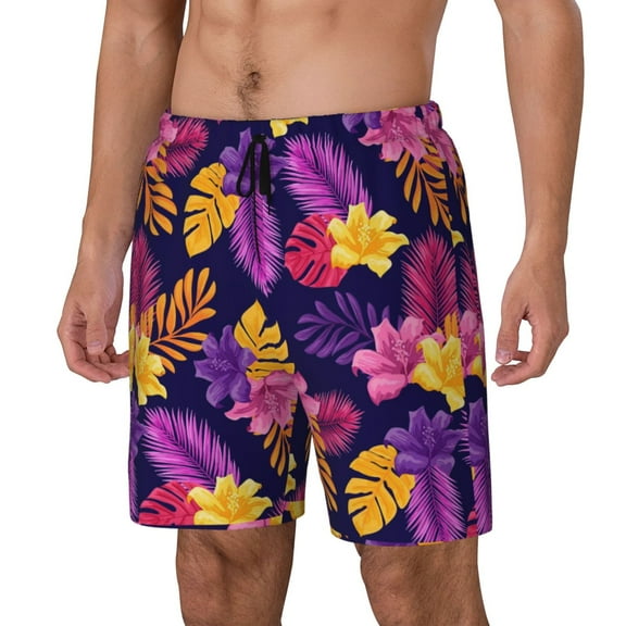Sikiie Purple Flower Print Men's Double Layer Swimming Trunks, Adjustable Waistband and Pockets Sports Swimming Trunks, Beach Swimwear-Medium