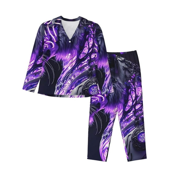 Sikiie Purple Pattern White Tiger Women's Long-Sleeve Shirt and Full-Length Bottom Pajama Set (s-xxl)-Medium