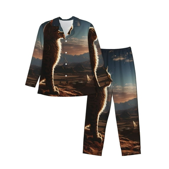 Sikiie Pyramid Desert Cat Mens Pajama Set, Soft Warm Long Sleeve Sleepwear, Cozy Button-Down Pjs for Men-XX-Large