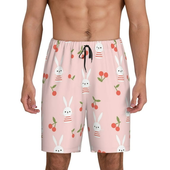 Sikiie Rabbit And Cherry Mens Pajama Shorts, Lightweight Lounge Pant with Pockets Soft Sleep Pj Shorts for MenLarge