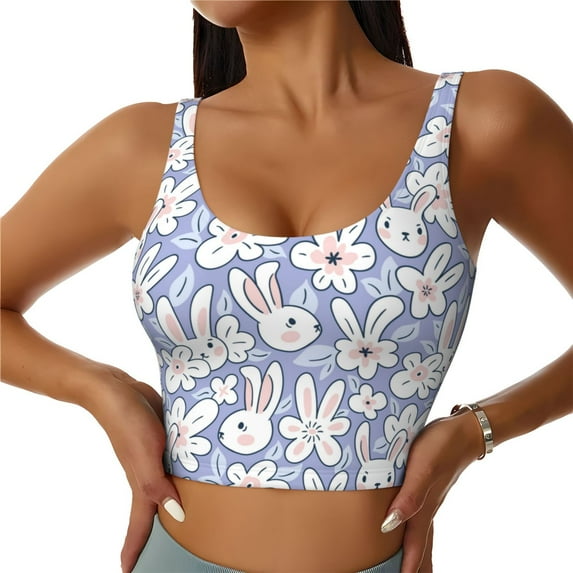 Sikiie Rabbit And Floral Print Strappy Sports Bra for Women Padded Push Up Sports Bra Athletic Running Sports Bra Workout Bra Yoga Bra