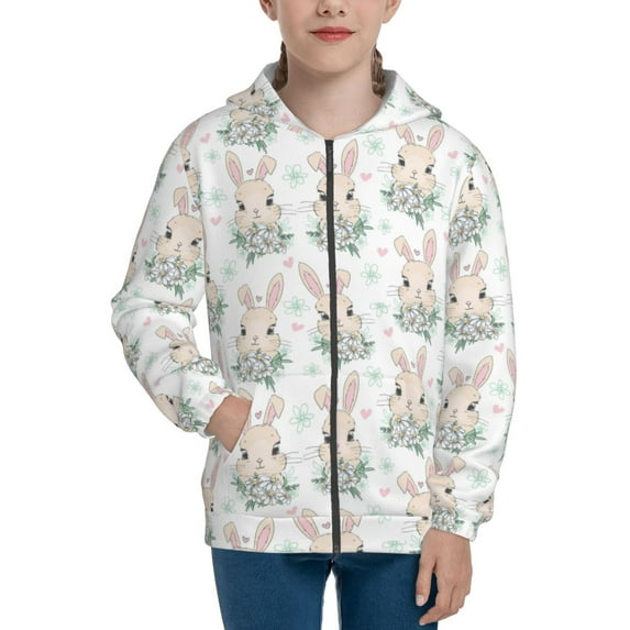 Sikiie Rabbit And Flower Zip Up Hoodie Teenage, hoodies for Teenage, Zipper Sweatshirt Jacket for Daily, Traveling-Medium