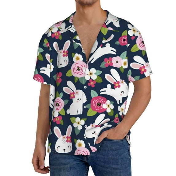 Sikiie Rabbit And Rose Men's Wrinkle Free Untucked Cuban Shirt Business Casual Button Down Shirts Short Sleeve Shirt4X-Large