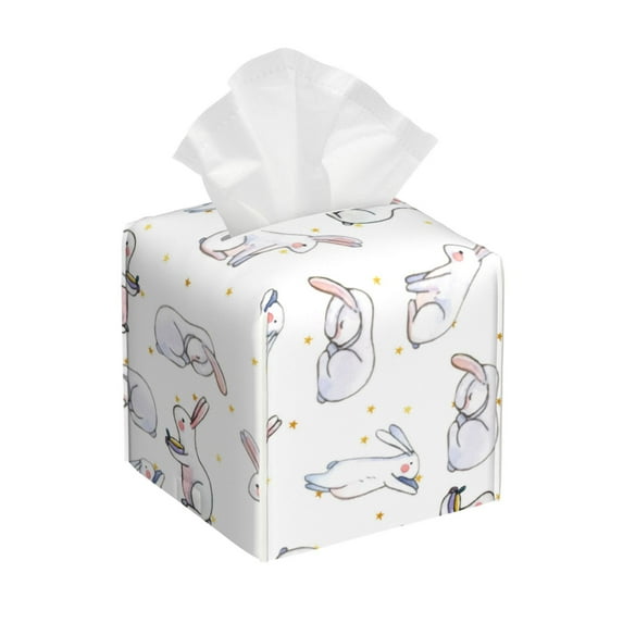 Sikiie Rabbit Eating Leather Tissue Box Cover Square, tissue box holder, Tissue Box with Bottom Belt-5.2”x5.2”x5.2”