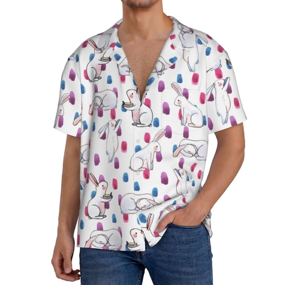 Sikiie Rabbit Eating Men's Wrinkle Free Untucked Cuban Shirt Business Casual Button Down Shirts Short Sleeve Shirt4X-Large