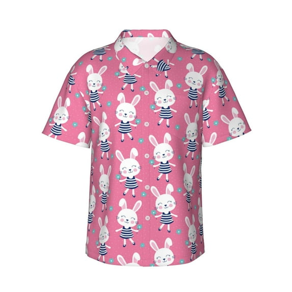 Sikiie Rabbit Holding Flowers Print Men's Hawaiian Shirt, Summer Beach Button Pocket Short Sleeve T-Shirt,3X-Large