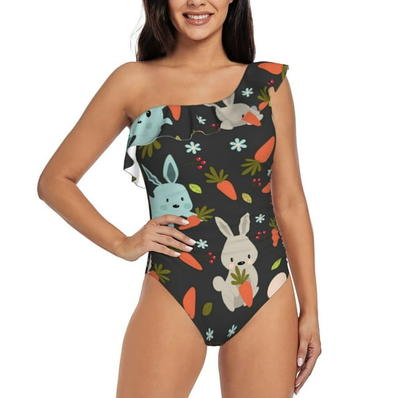 Sikiie Rabbit Is Eating Carrots Print Women One Piece Swimsuits Tummy Control One Shoulder Bathing Suits Ruffle Swimwear, From S to XXL-X-Large