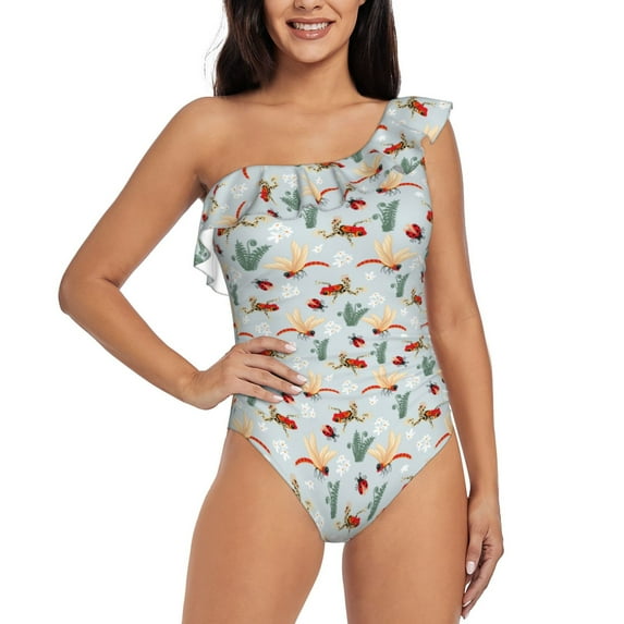 Sikiie Ragonfly And Ladybug Print Women One Piece Swimsuits Tummy Control One Shoulder Bathing Suits Ruffle Swimwear, From S to XXL-Small
