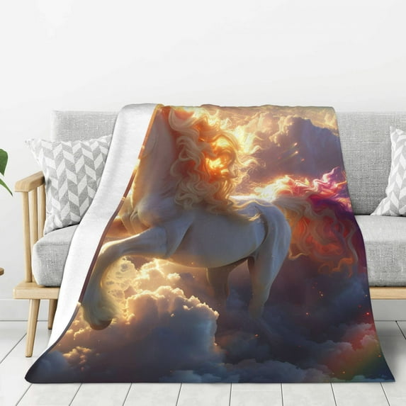 Sikiie Rainbow Cloud White Horse Cozy Flannel Fleece Throw Blanket: Lightweight & Thick for All Seasons - Perfect for Women, Men, & Kids"40"x30"