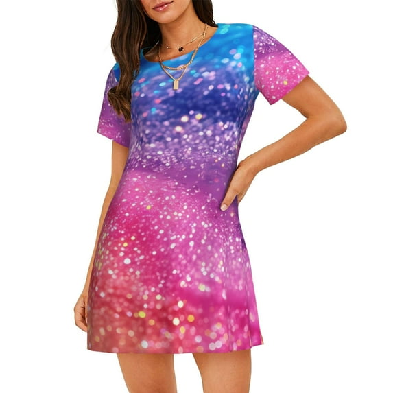 Sikiie Rainbow Glitter Cute Print Women's Short-sleeved Nightdress, Round Neck Pullover Nightdress Pajamas Summer Home Wear