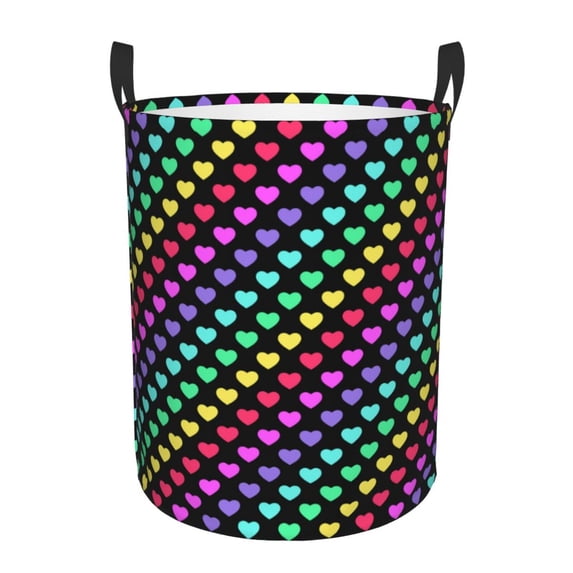 Sikiie Rainbow Hearts Print Round Dirty Clothes Basket, Waterproof Standing Foldable Storage Basket, for Laundry Room, Bedroom, Bathroom Storage-Medium