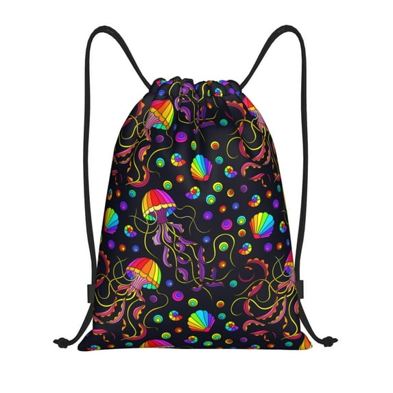 Sikiie Rainbow Jellyfishes Drawstring Backpack Drawstring Bags, Draw String Back Bag for Sports, Gym, Travel, Swimming, Beach-Small