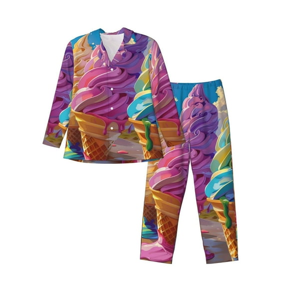 Sikiie Rainbow Melting Ice Cream Mens Pajama Set, Soft Warm Long Sleeve Sleepwear, Cozy Button-Down Pjs for Men-X-Large