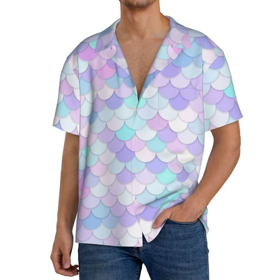 Sikiie Rainbow Scales Men's Wrinkle Free Untucked Cuban Shirt Business Casual Button Down Shirts Short Sleeve ShirtX-Large
