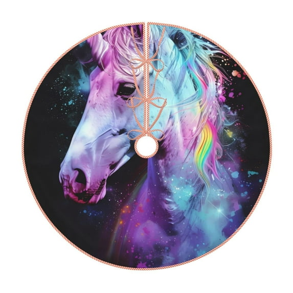 Sikiie Rainbow Spotted White Horse Nativity Christmas Tree Skirt, Jesus Christian Winter Holiday Tree Mat Decoration(30-48IN)48"